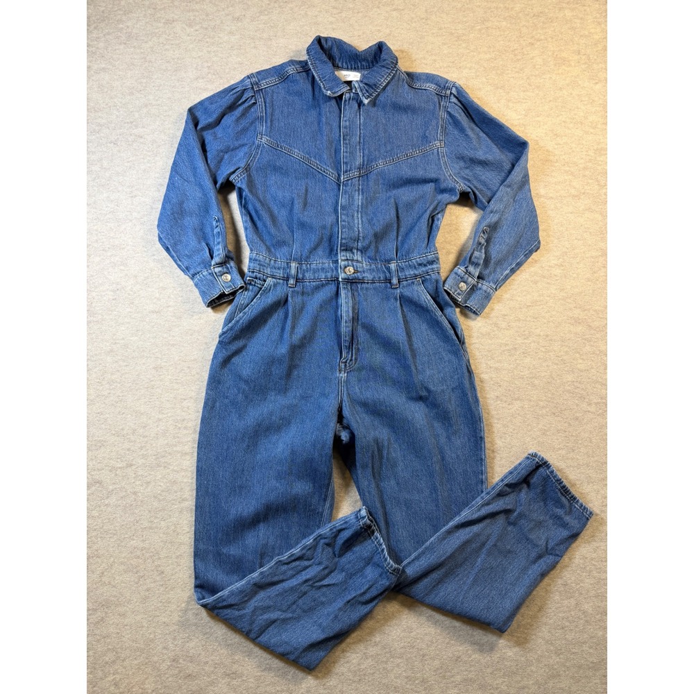 Mango MNG Denim Jumpsuit Coveralls Sz L Blue Long Sleeve Western Utility Boiler